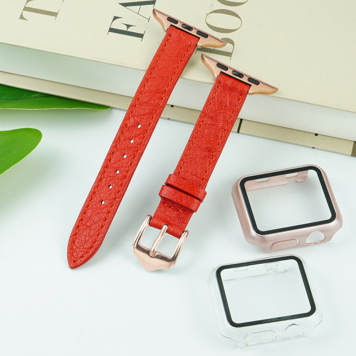 Red Flat Ostrich Leather Band Compatible Apple Watch Iwatch| Gold Buckle
