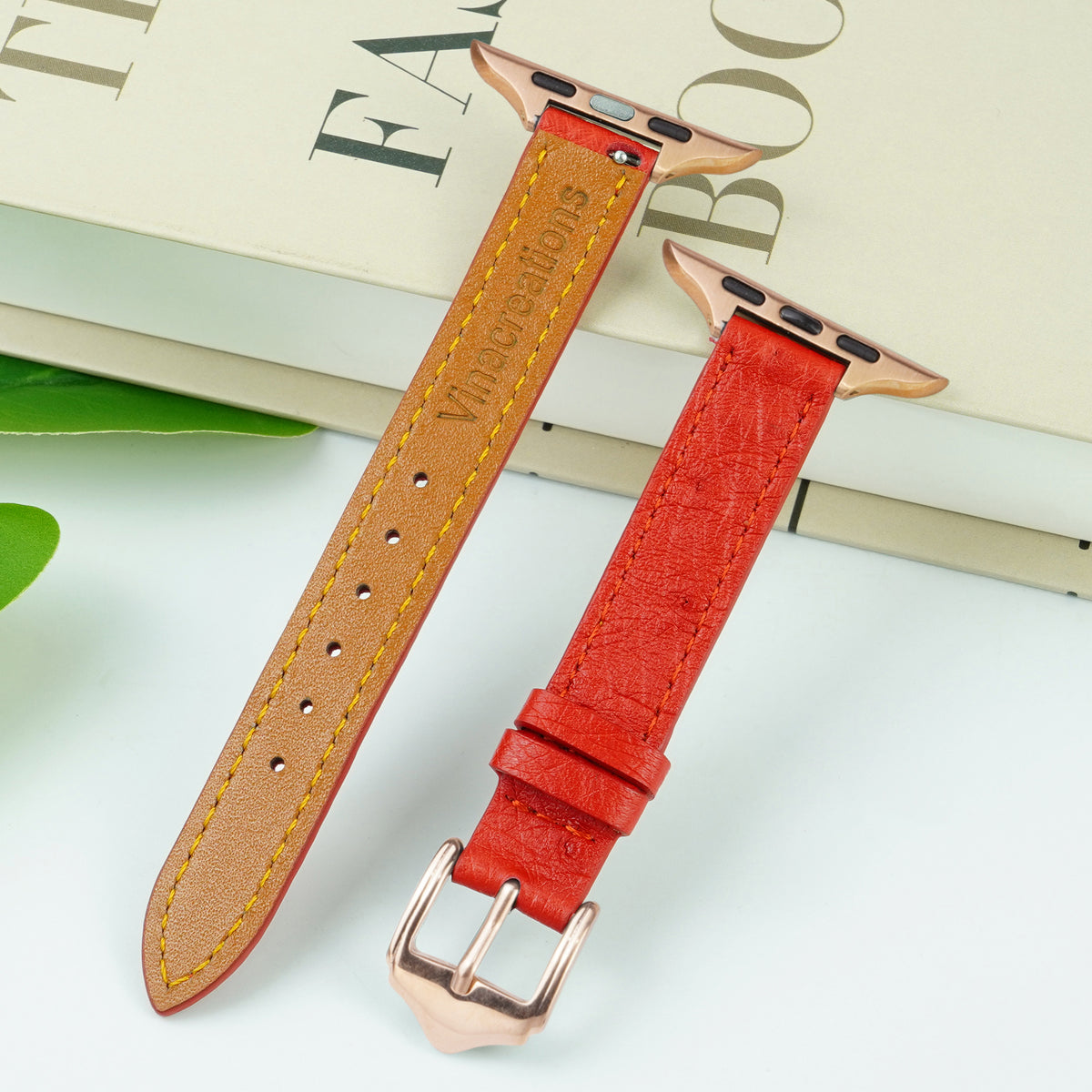 Red Flat Ostrich Leather Band Compatible Apple Watch Iwatch| Gold Buckle