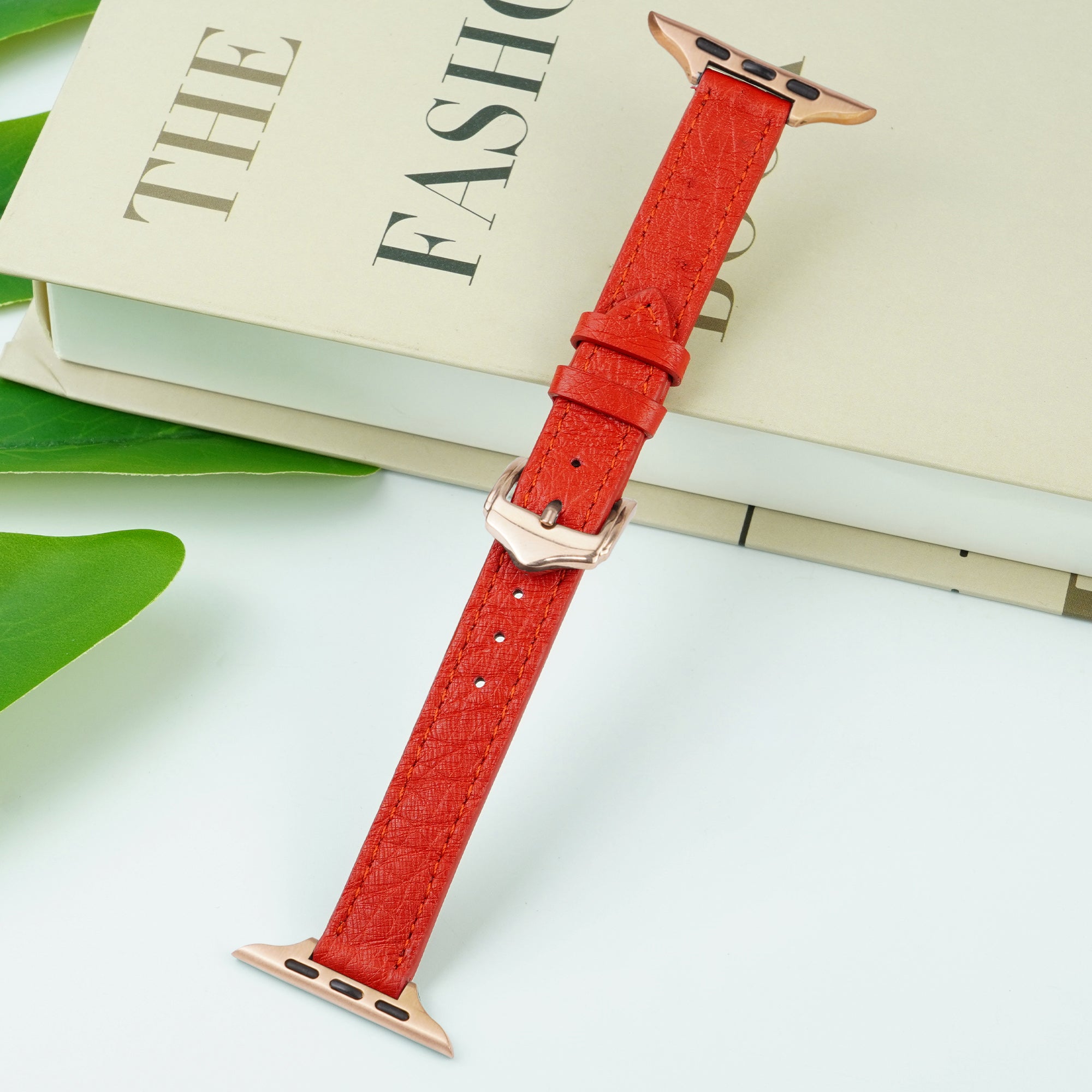 Red Flat Ostrich Leather Band Compatible Apple Watch Iwatch 40mm Screen Protector Case Gold Adapter Replacement Strap For Smartwatch Series 4 5 6 SE Leather Handmade AW-190G-W-40MM