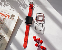 Red Flat Ostrich Leather Band Compatible Apple Watch Iwatch| Silver Buckle