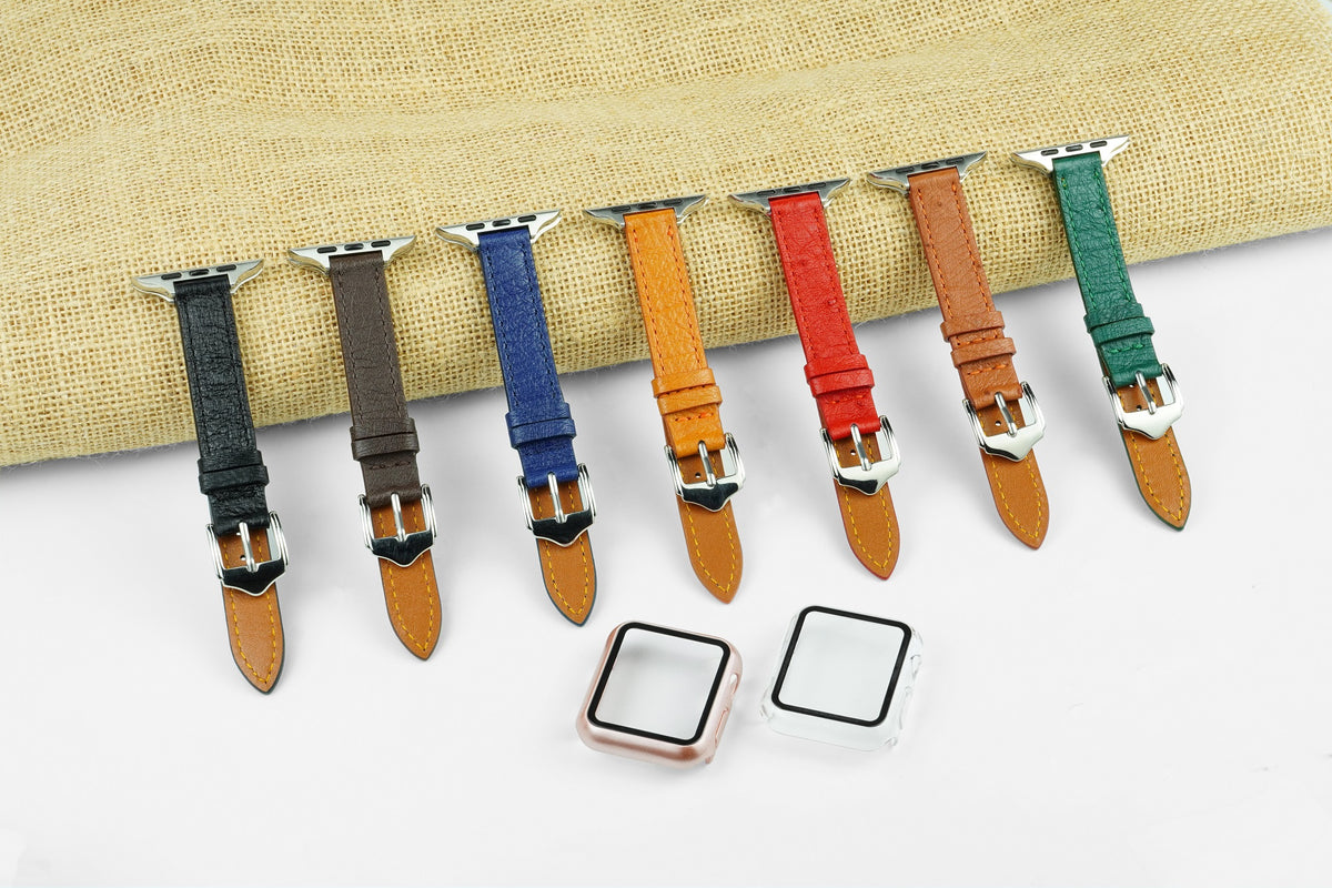 Red Flat Ostrich Leather Band Compatible Apple Watch Iwatch| Silver Buckle