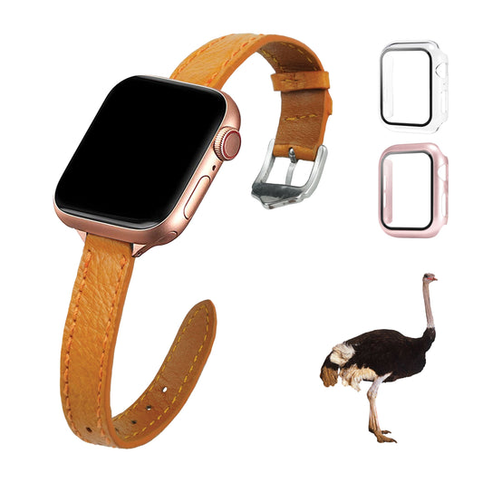 Tan Flat Ostrich Leather Band Compatible Apple Watch Iwatch for Women| Silver Buckle