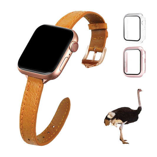 Tan Flat Ostrich Leather Band Compatible Apple Watch Iwatch for Women| Gold Buckle