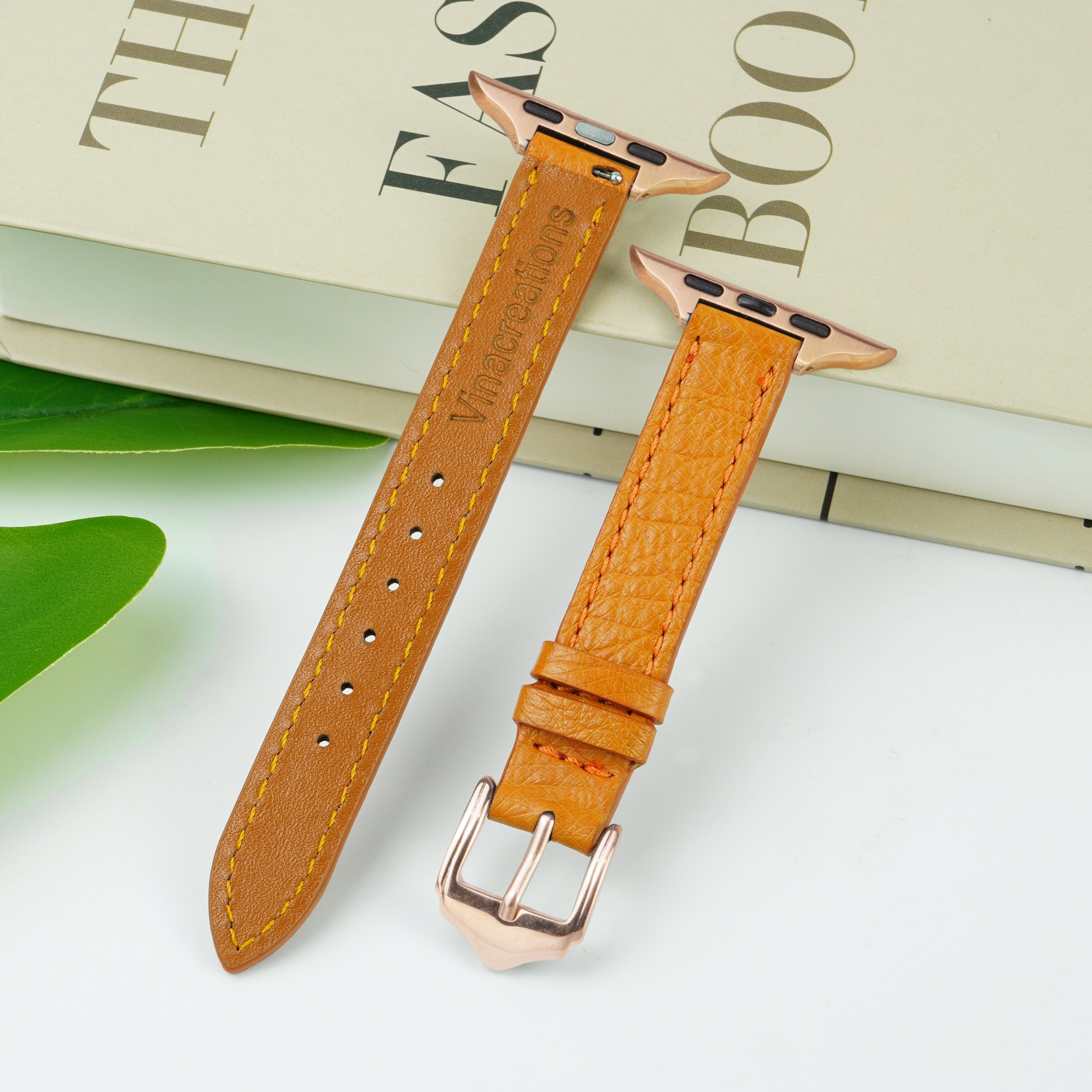 Tan Flat Ostrich Leather Band Compatible Apple Watch Iwatch 44mm Screen Protector Case Gold Adapter Replacement Strap For Smartwatch Series 4 5 6 SE Leather Handmade AW-182G-W-44MM