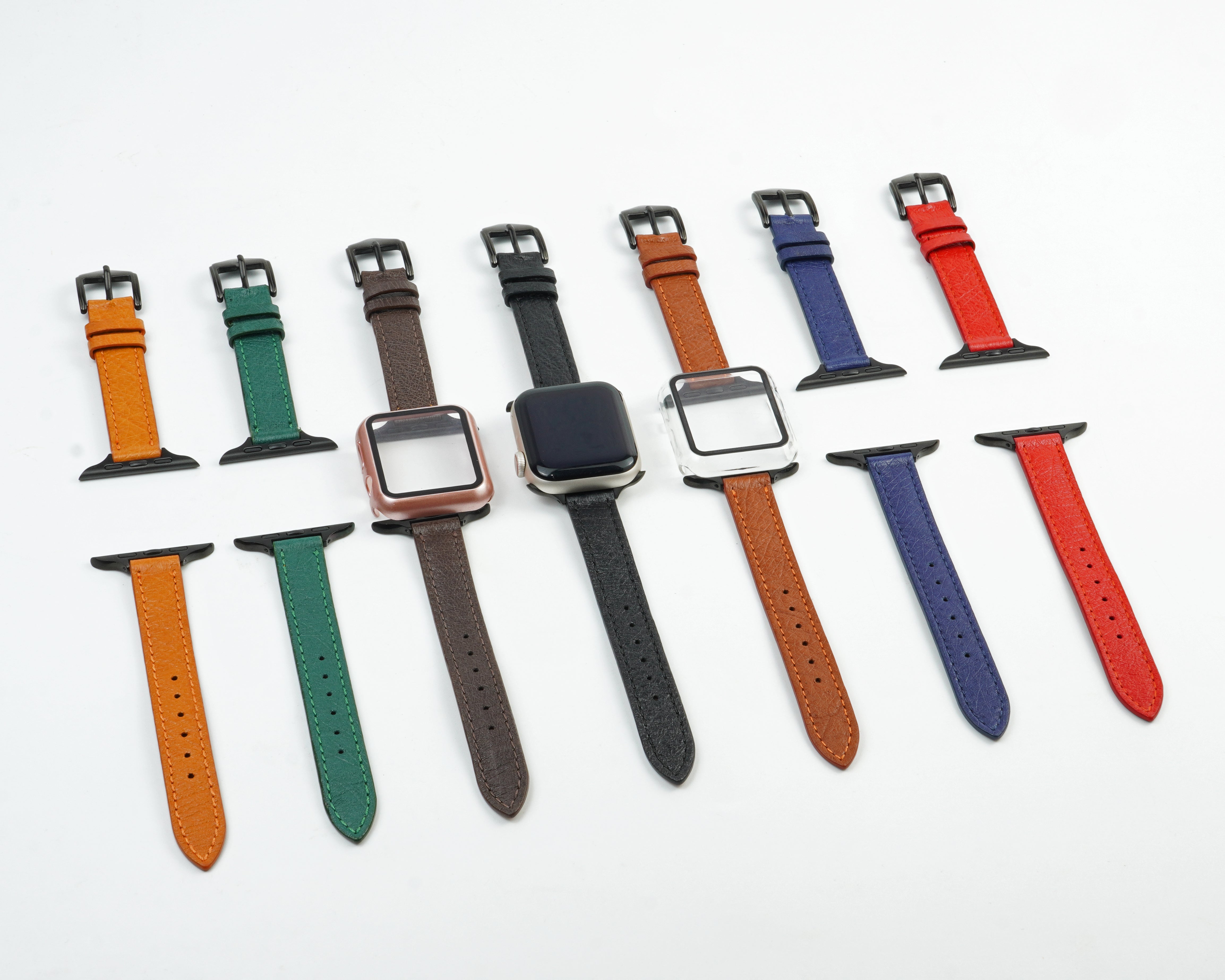 Tan Flat Ostrich Leather Band Compatible Apple Watch Iwatch 49mm Screen Protector Case Black Adapter Replacement Strap For Smartwatch Series 7 8 Leather Handmade AW-182B-W-49MM