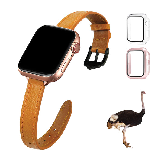 Tan Flat Ostrich Leather Band Compatible Apple Watch Iwatch for Women| Black Buckle