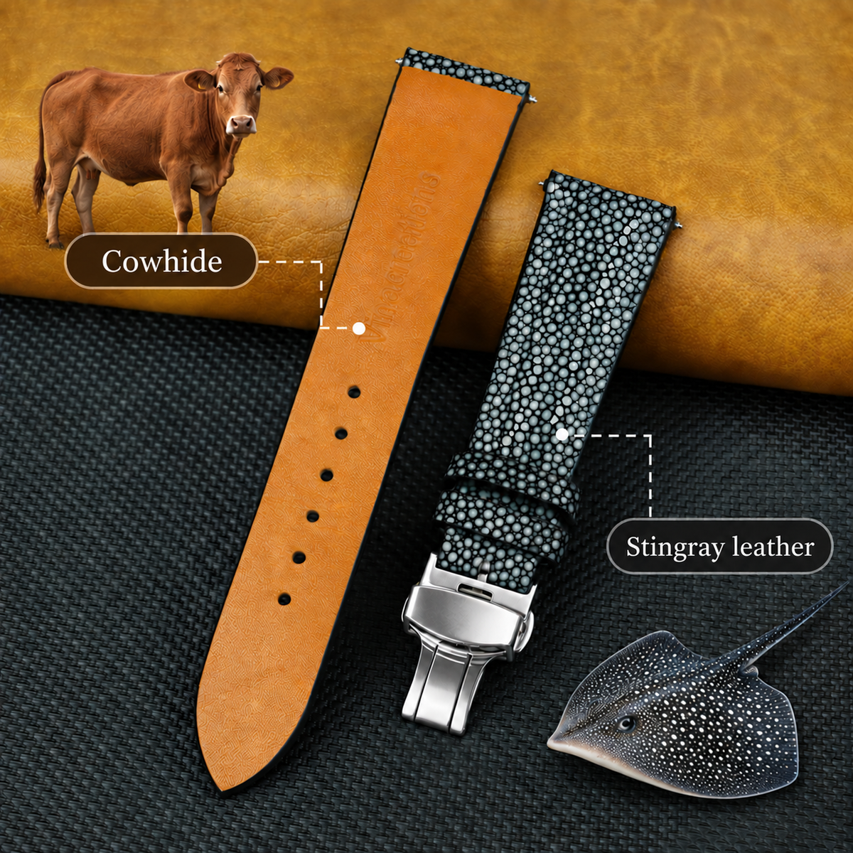 Padded Black Stingray Leather Watch Strap with Deployment Clasp