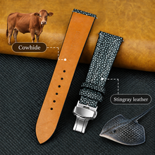 Padded Black Stingray Leather Watch Strap with Deployment Clasp