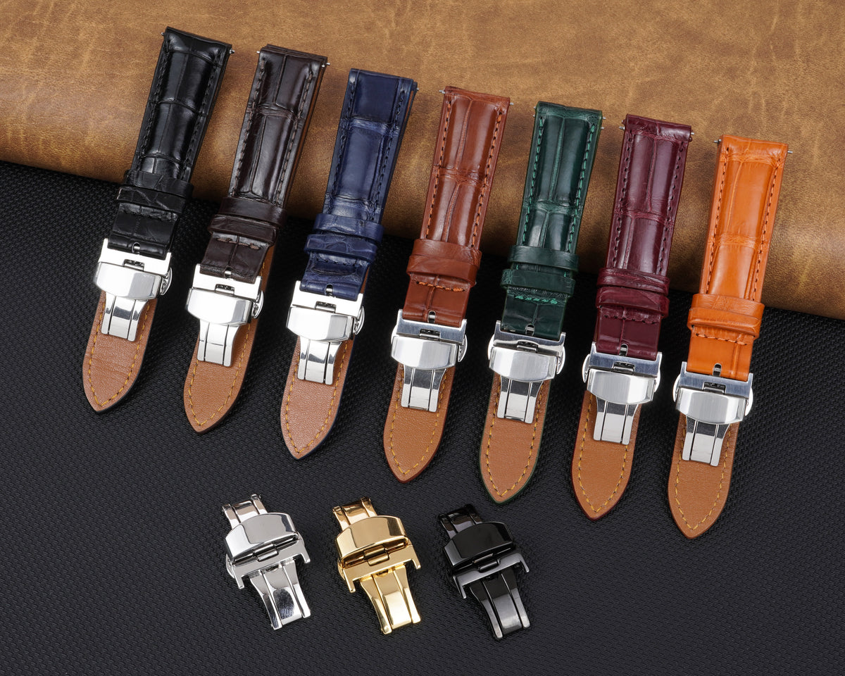 Black Alligator Leather Watch Strap with Deployment Clasp