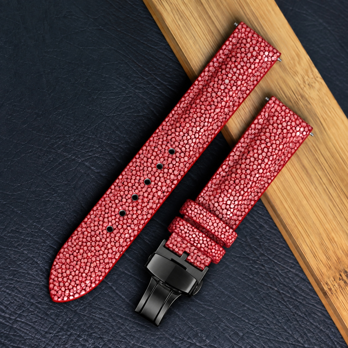 Padded Red Stingray Leather Watch Strap with Deployment Clasp