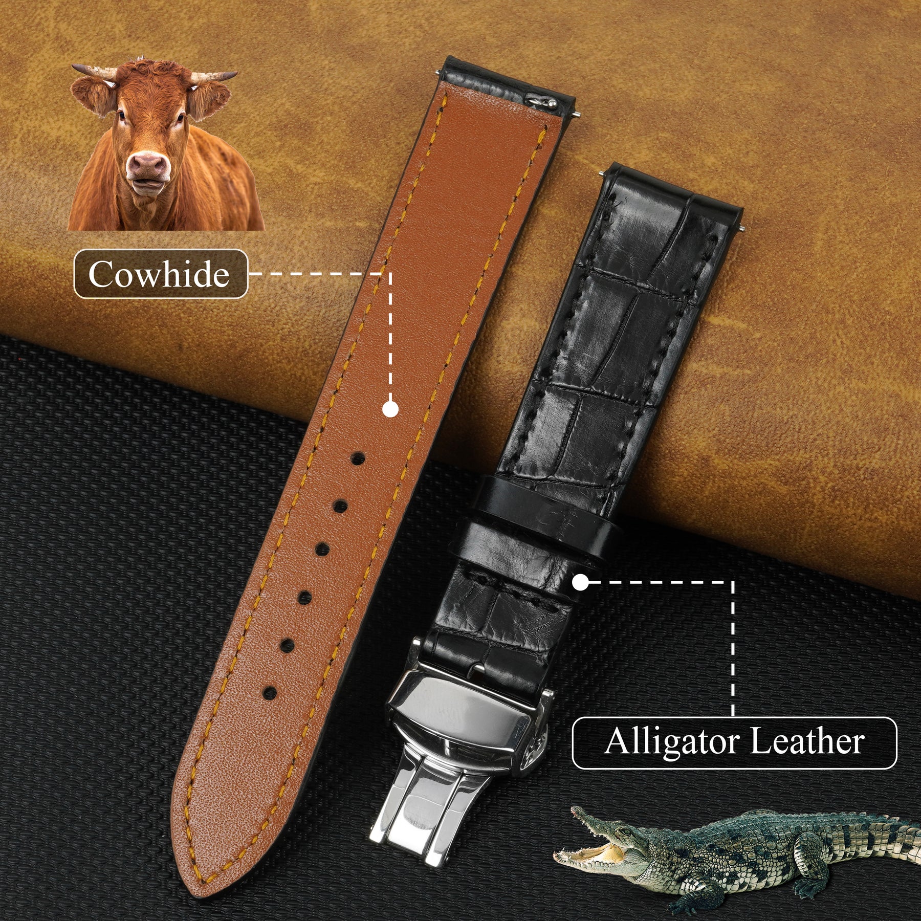 Black Flat Alligator Belly Leather Watch Strap with Deployment Clasp