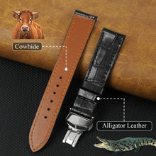 Black Flat Alligator Belly Leather Watch Strap with Deployment Clasp