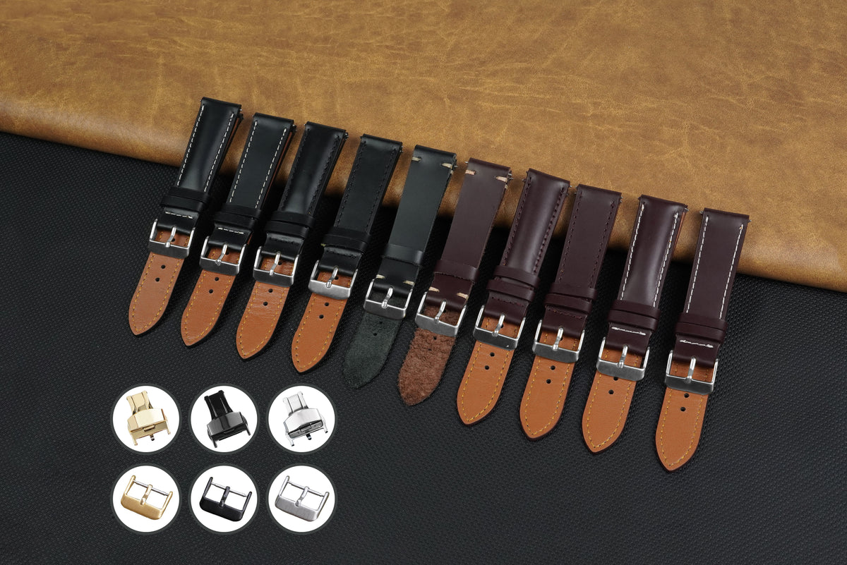 Padded Black Full Grain Watch Strap with White Stitching Quick Release