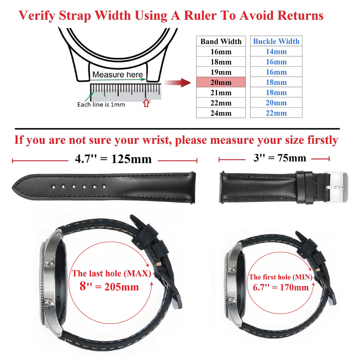 Padded Black Full Grain Watch Strap with White Stitching Quick Release