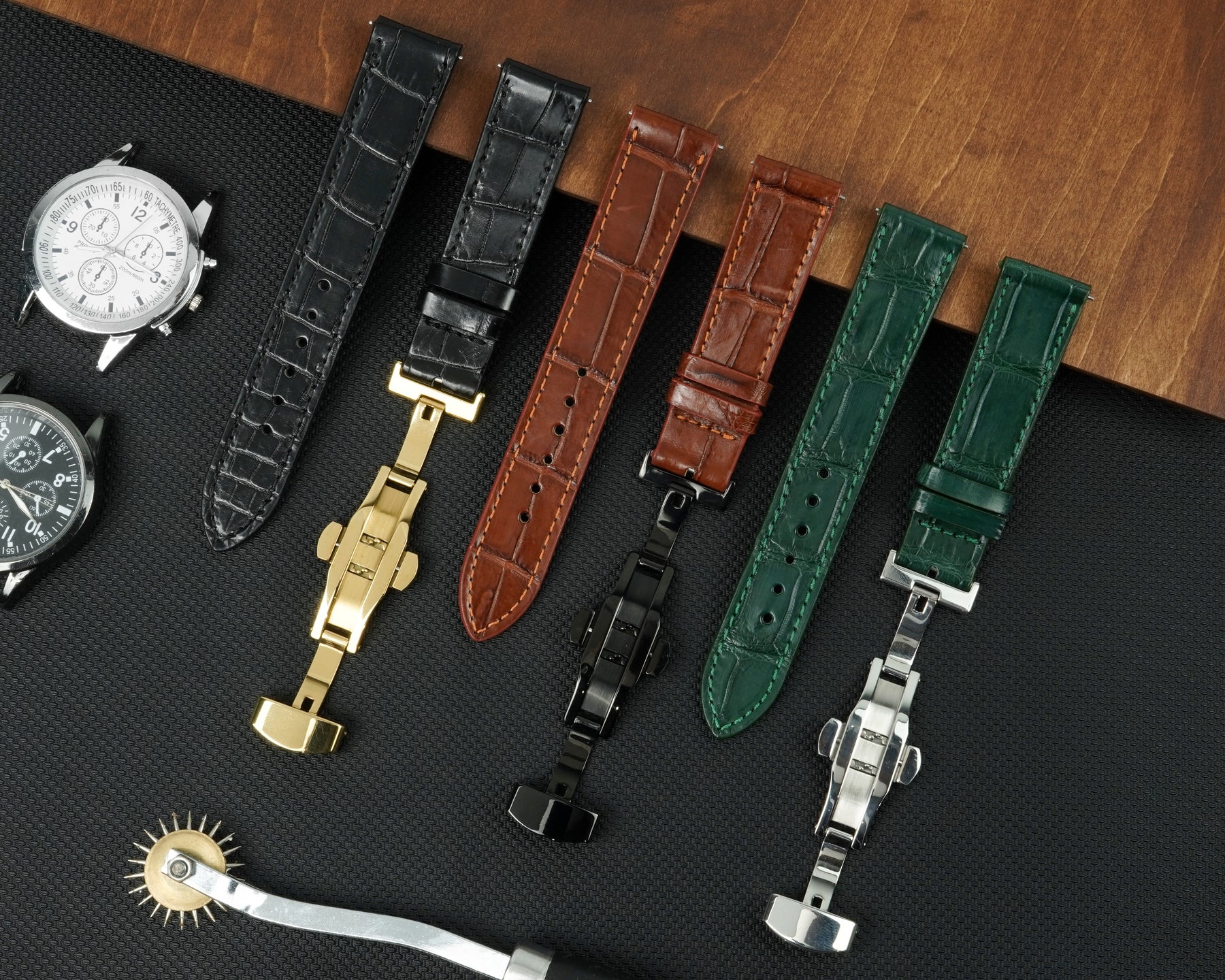 Black Flat Alligator Belly Leather Watch Strap with Deployment Clasp