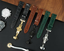 Black Flat Alligator Belly Leather Watch Strap with Deployment Clasp