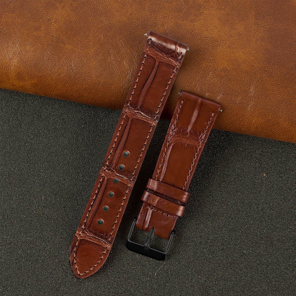 Flat Light Brown Deployment Alligator Leather Watch Band, Crocdile Watch Strap