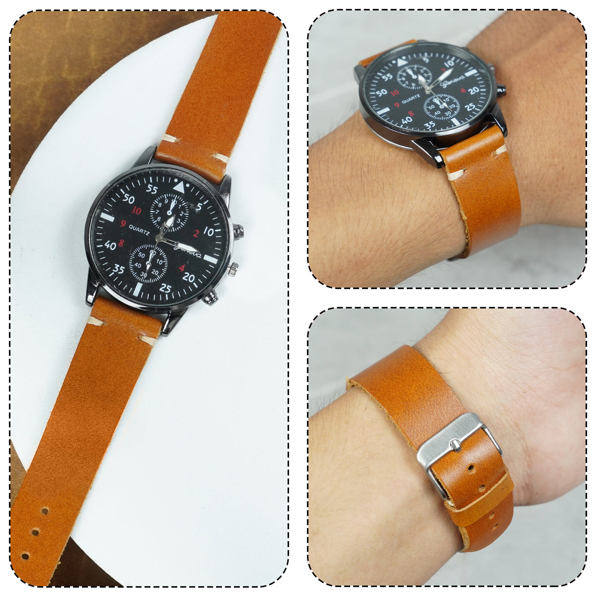 Vintage Slim Hand-Stitched Tan Brown Leather Watch Band