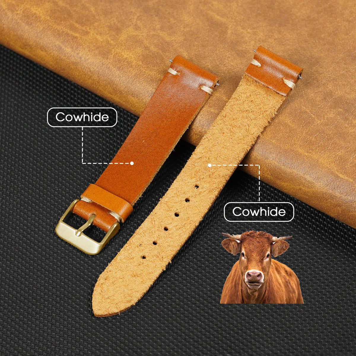 Vintage Slim Hand-Stitched Tan Brown Leather Watch Band