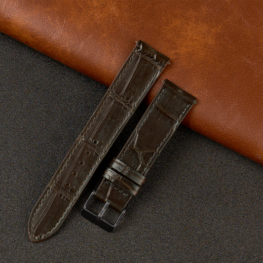 Flat Dark Brown Alligator Leather Watch Band, Deployment Crocdile Watch Strap Black Buckle