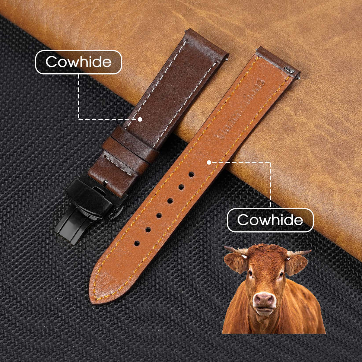 Deployment Dark Brown Flat Full Grain with White Stiching Leather Watch Strap DH-NO-213D
