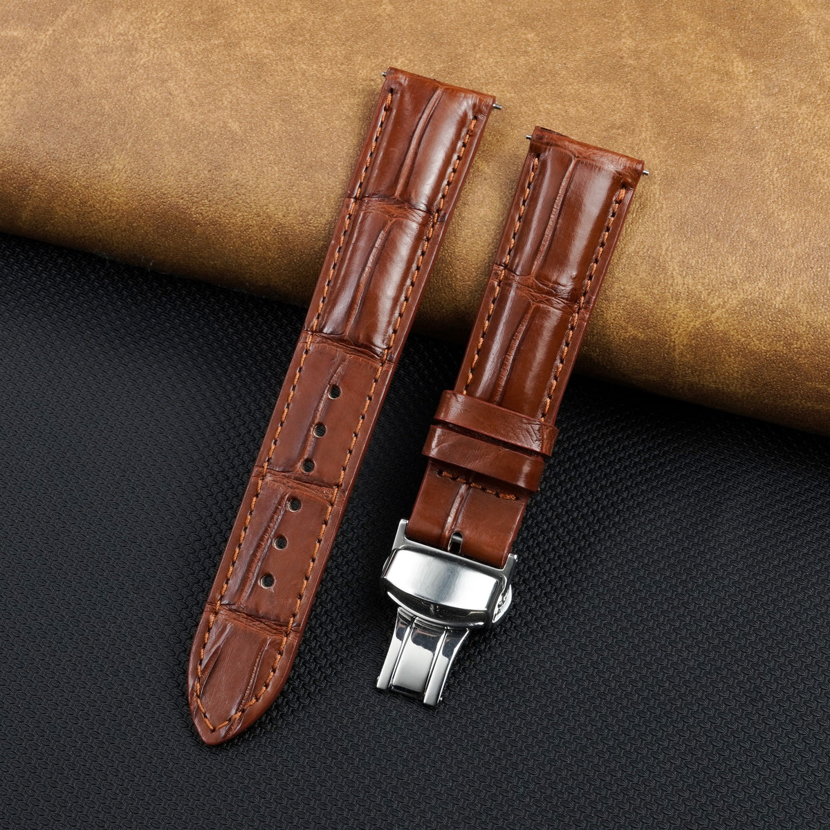 Light Brown Alligator Leather Watch Strap with Deployment Clasp