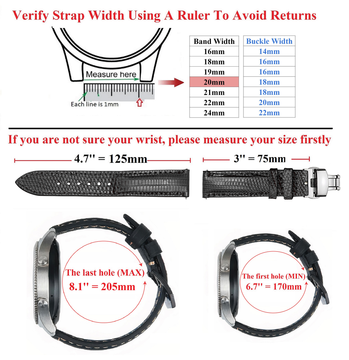 Brown Flat Lizard Leather Watch Strap with Deployment Clasp