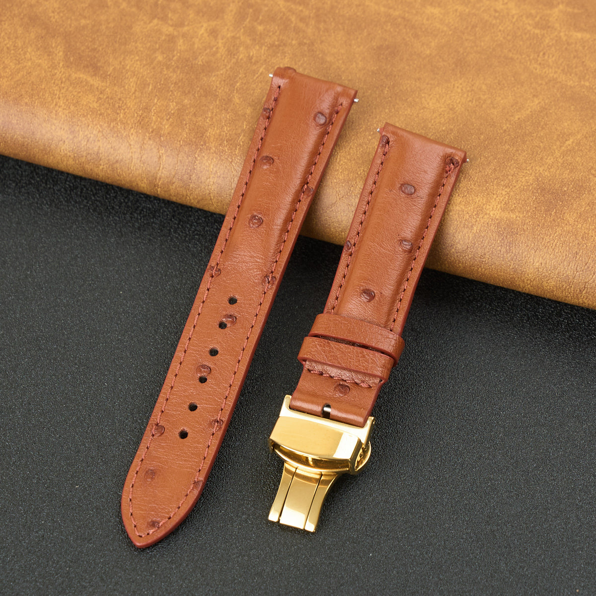 Brown Ostrich Leather Watch Strap with Deployment Clasp