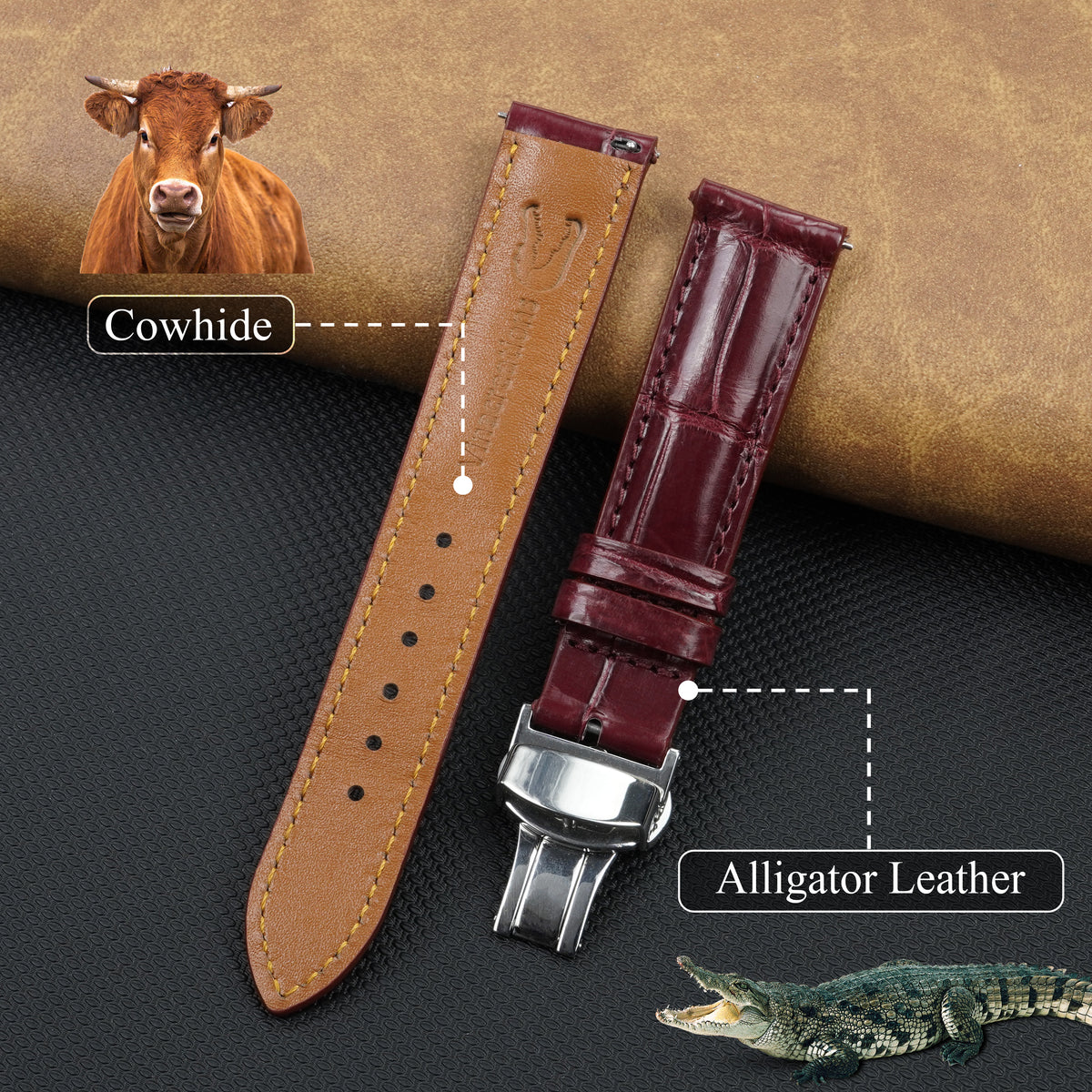 Burgundy Alligator Leather Watch Strap with Deployment Clasp