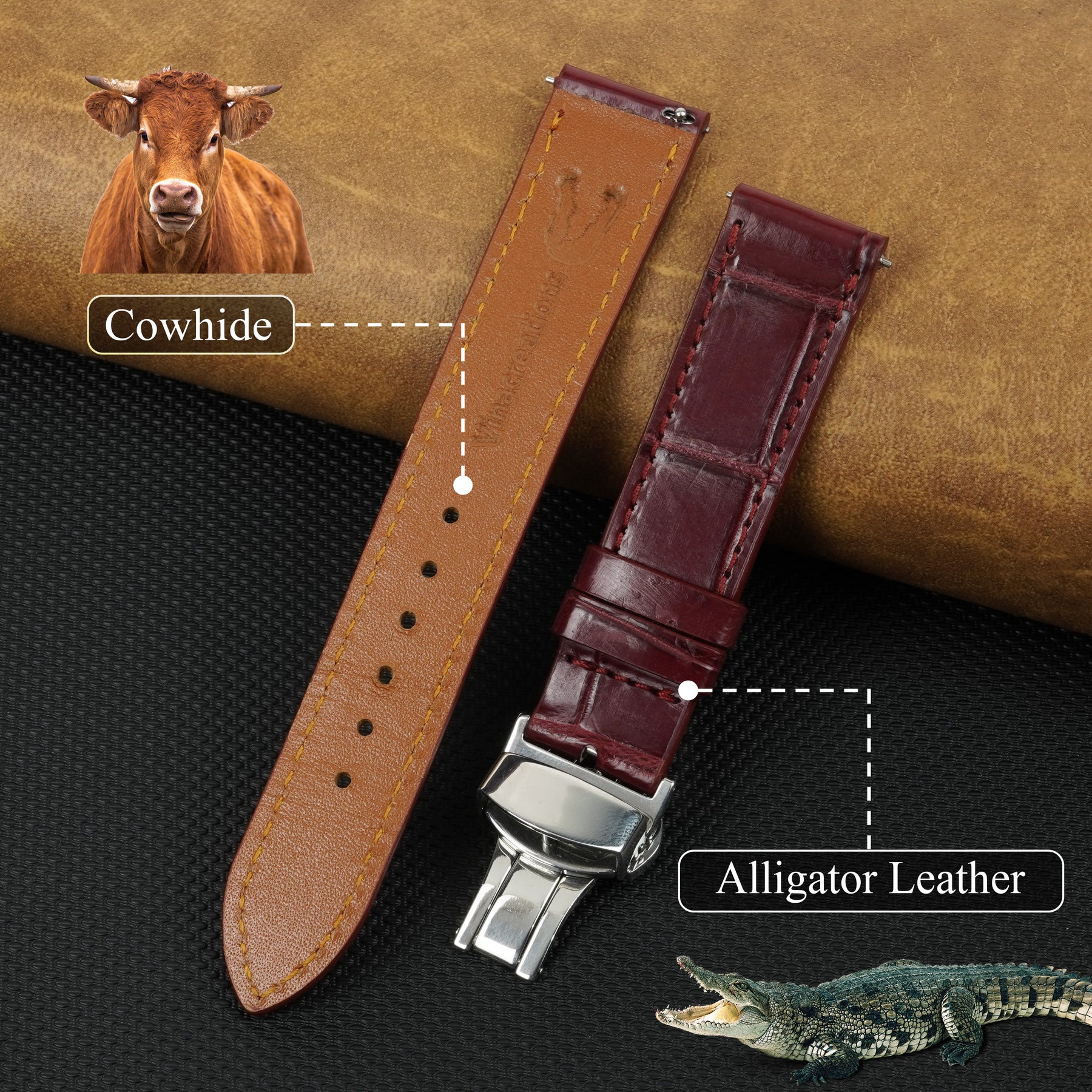 Burgundy Flat Alligator Belly Leather Watch Strap with Deployment Clasp