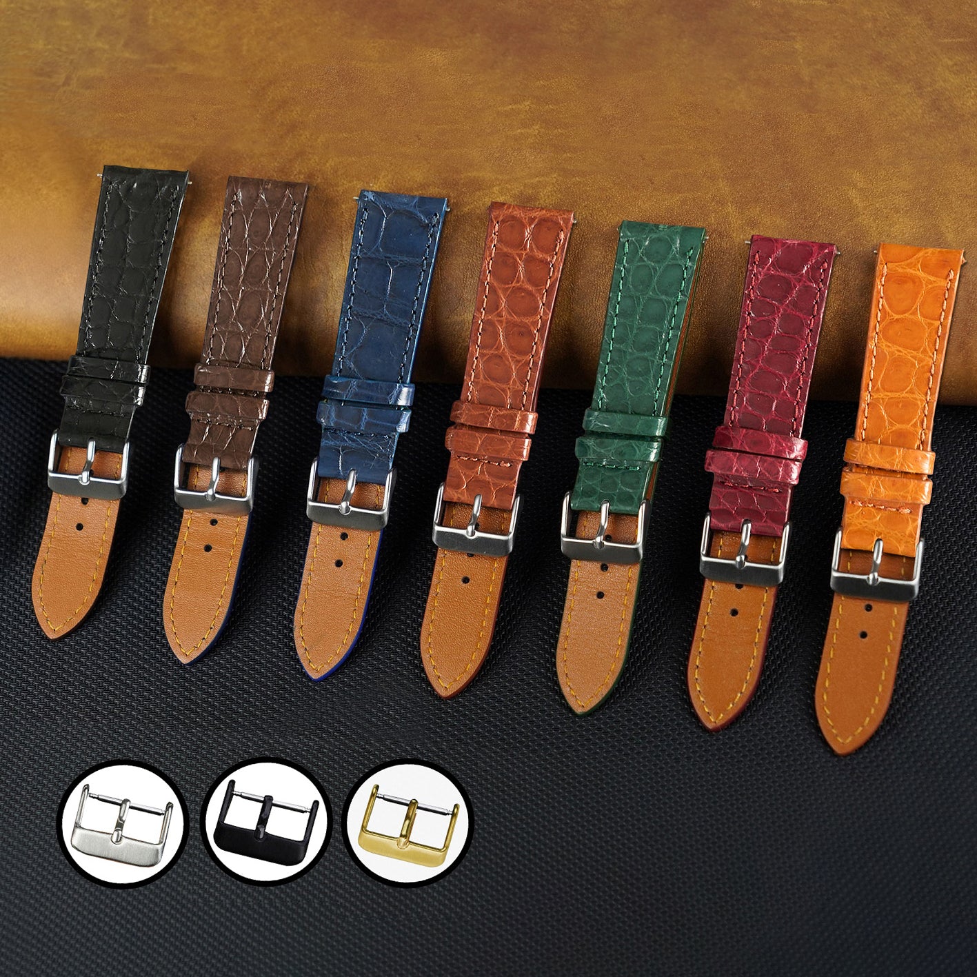 Black Slim Alligator Leather Watch Strap For Men Quick Release Thin Crocodile Watch Band