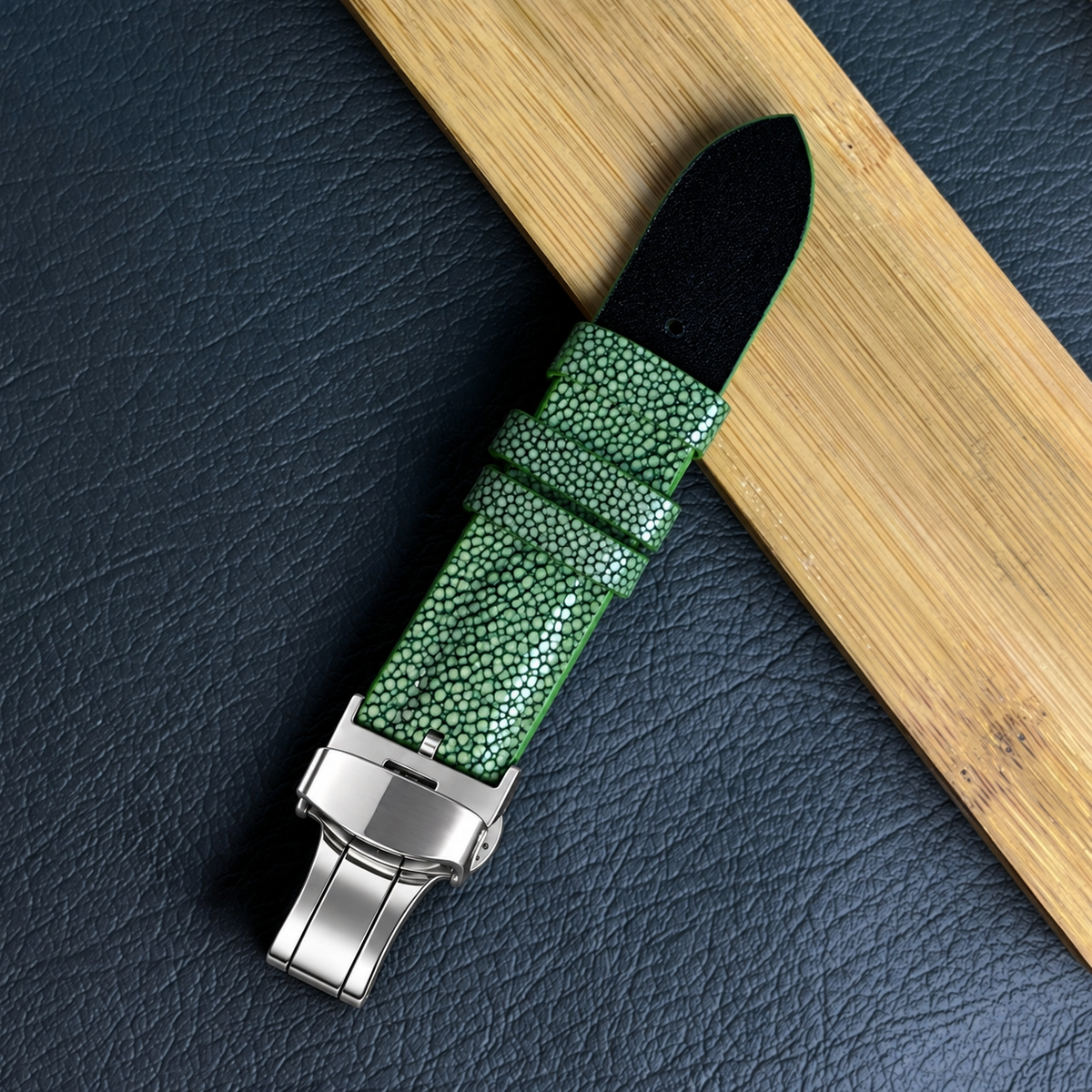 Padded Green Stingray Leather Watch Strap with Deployment Clasp