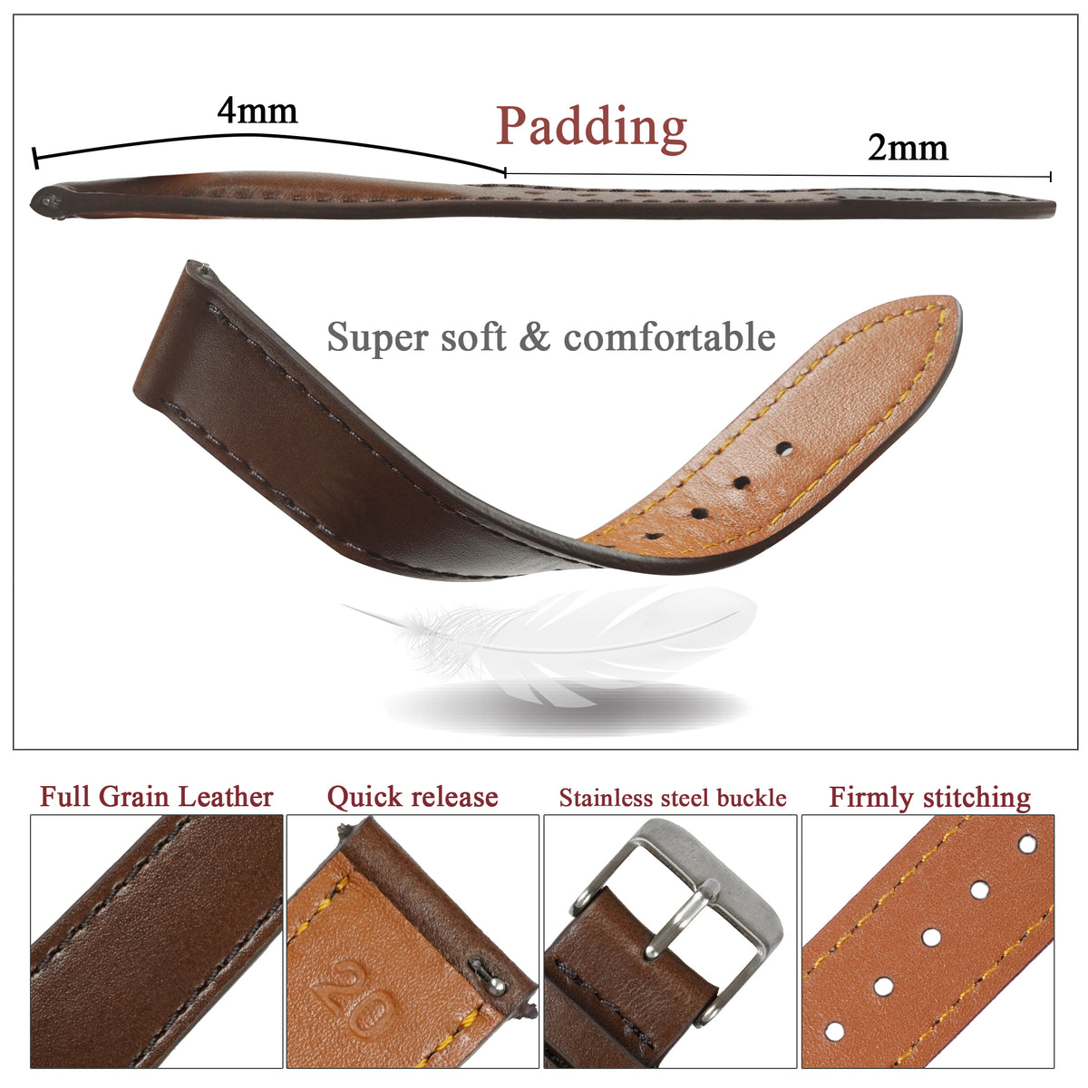 Padded Dark Brown Leather Watch Strap