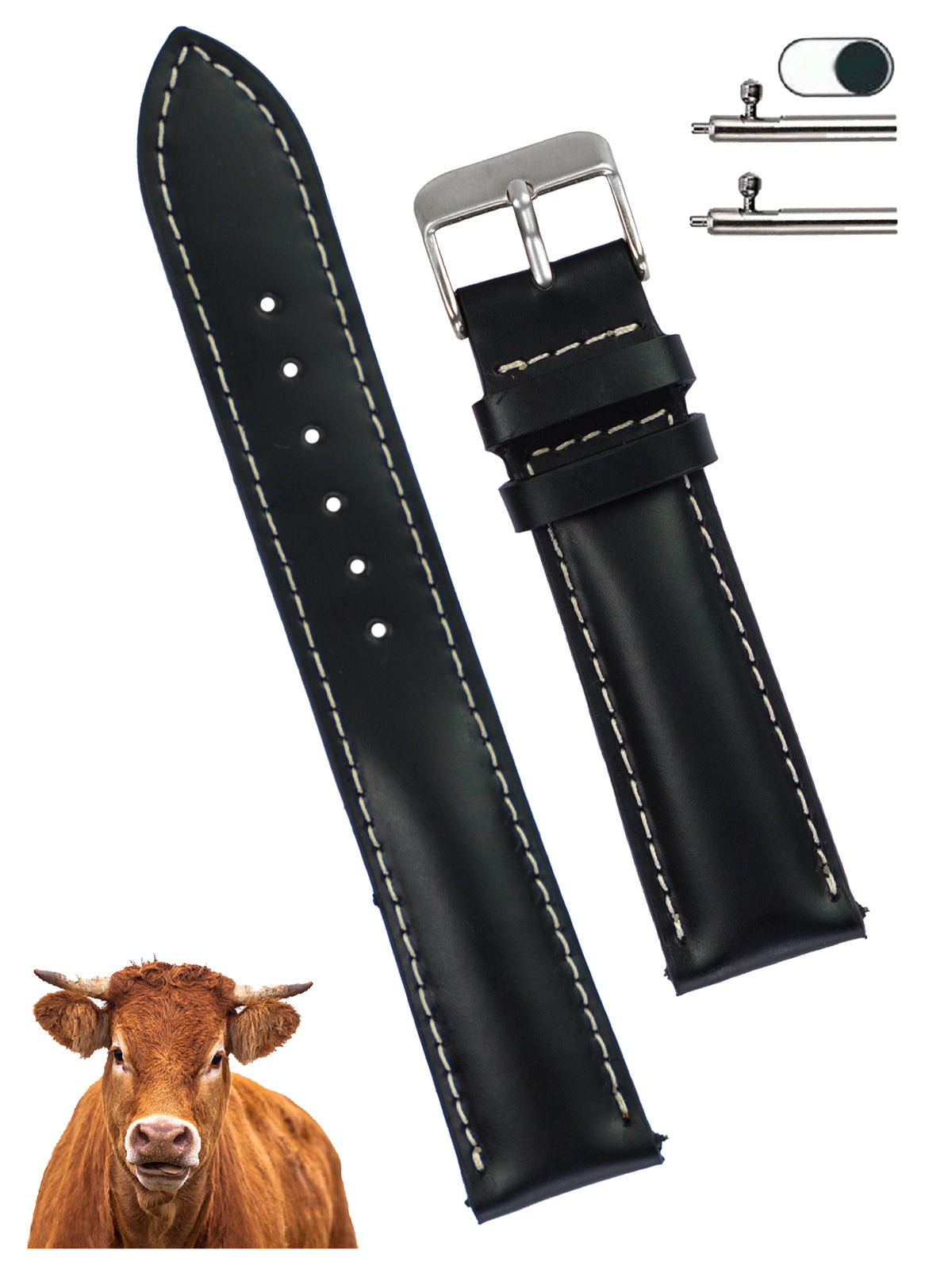 Padded Black Full Grain Watch Strap with White Stitching Quick Release