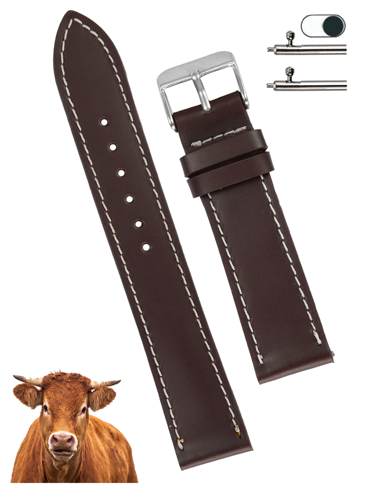 Flat Burgundy Full Grain Watch Strap with White Stitching Quick Release
