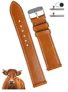 Flat Tan Brown Full Grain Watch Strap with White Stitching Quick Release