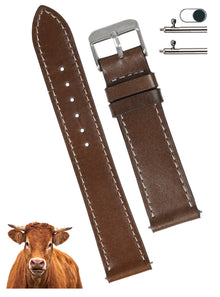 Flat Brown Full Grain Watch Strap with White Stitching Quick Release