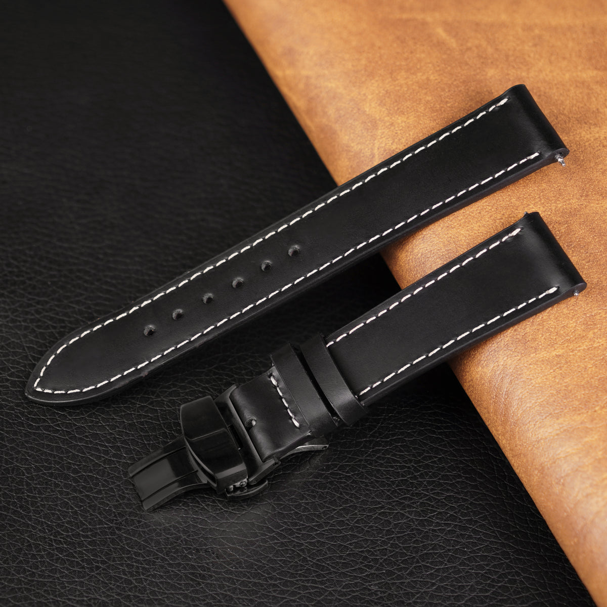 Black Flat Full Grain White Stiching Leather Watch Strap with Deployment Clasp DH-NO-211D