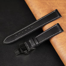 Black Flat Full Grain White Stiching Leather Watch Strap with Deployment Clasp DH-NO-211D