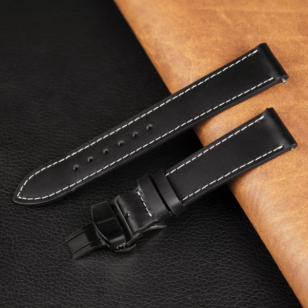 Black Flat Full Grain White Stiching Leather Watch Strap with Deployment Clasp DH-NO-211D