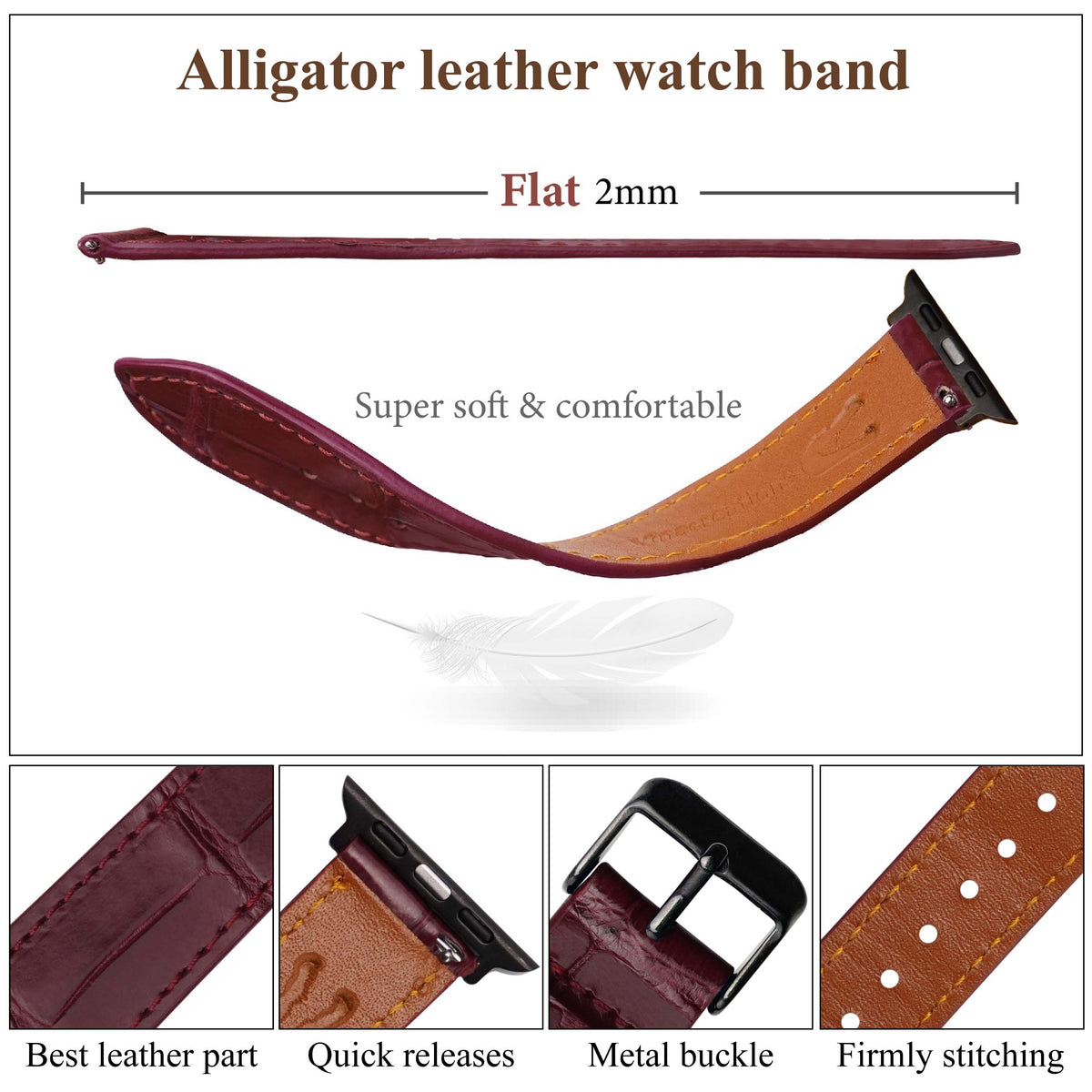 Slim Burgundy Alligator Apple Leather Watch Band