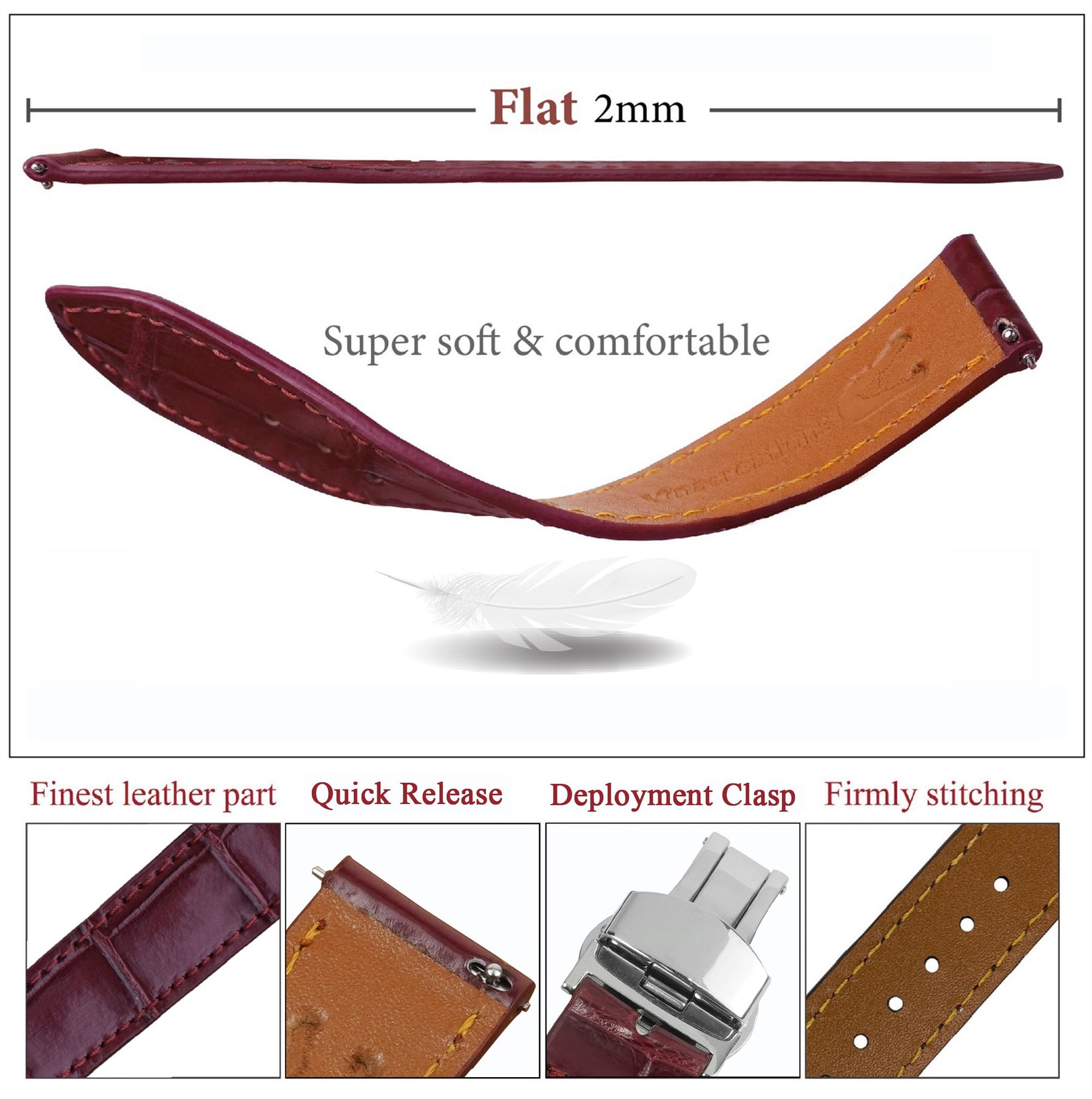 Burgundy Flat Alligator Belly Leather Watch Strap with Deployment Clasp
