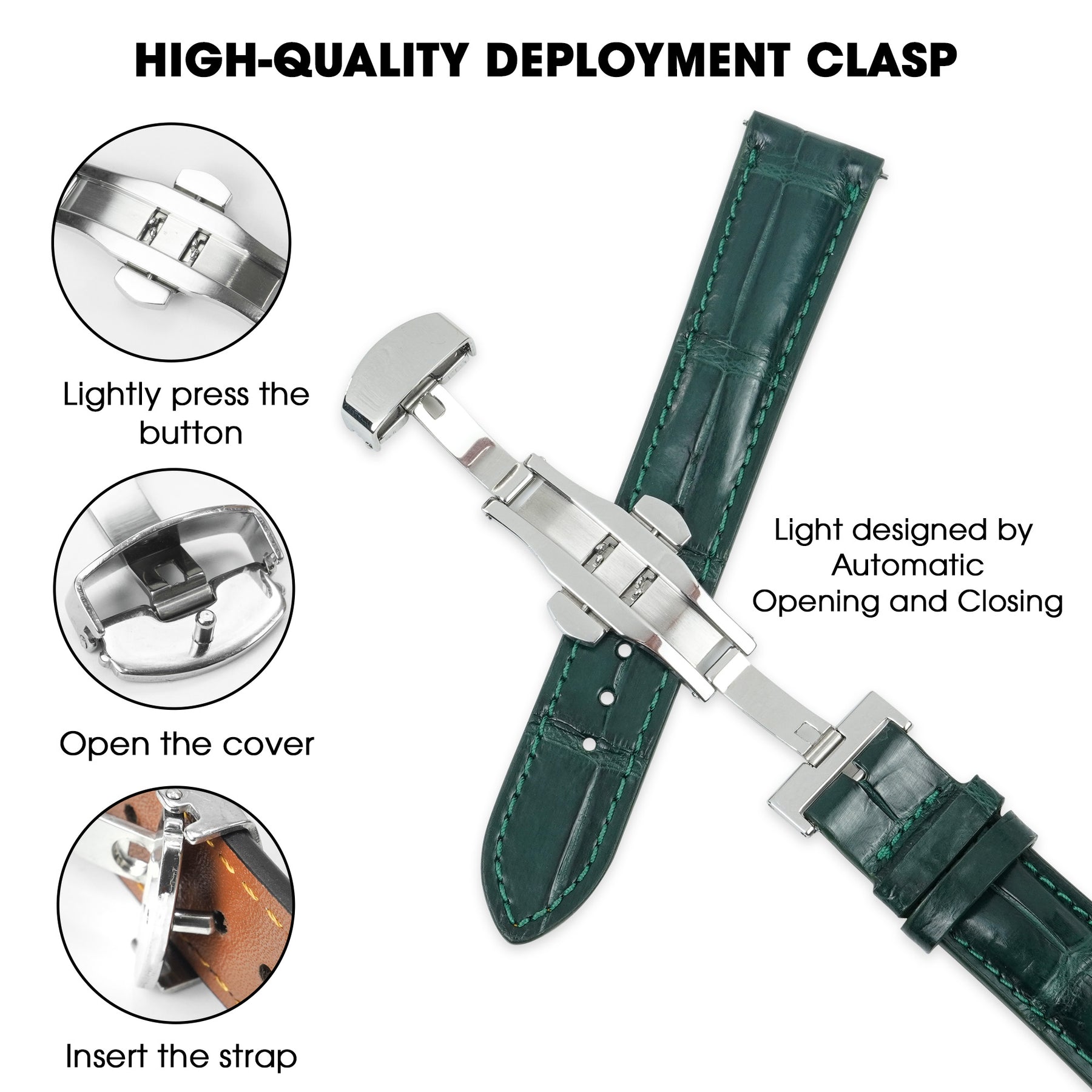 Green Alligator Leather Watch Strap with Deployment Clasp