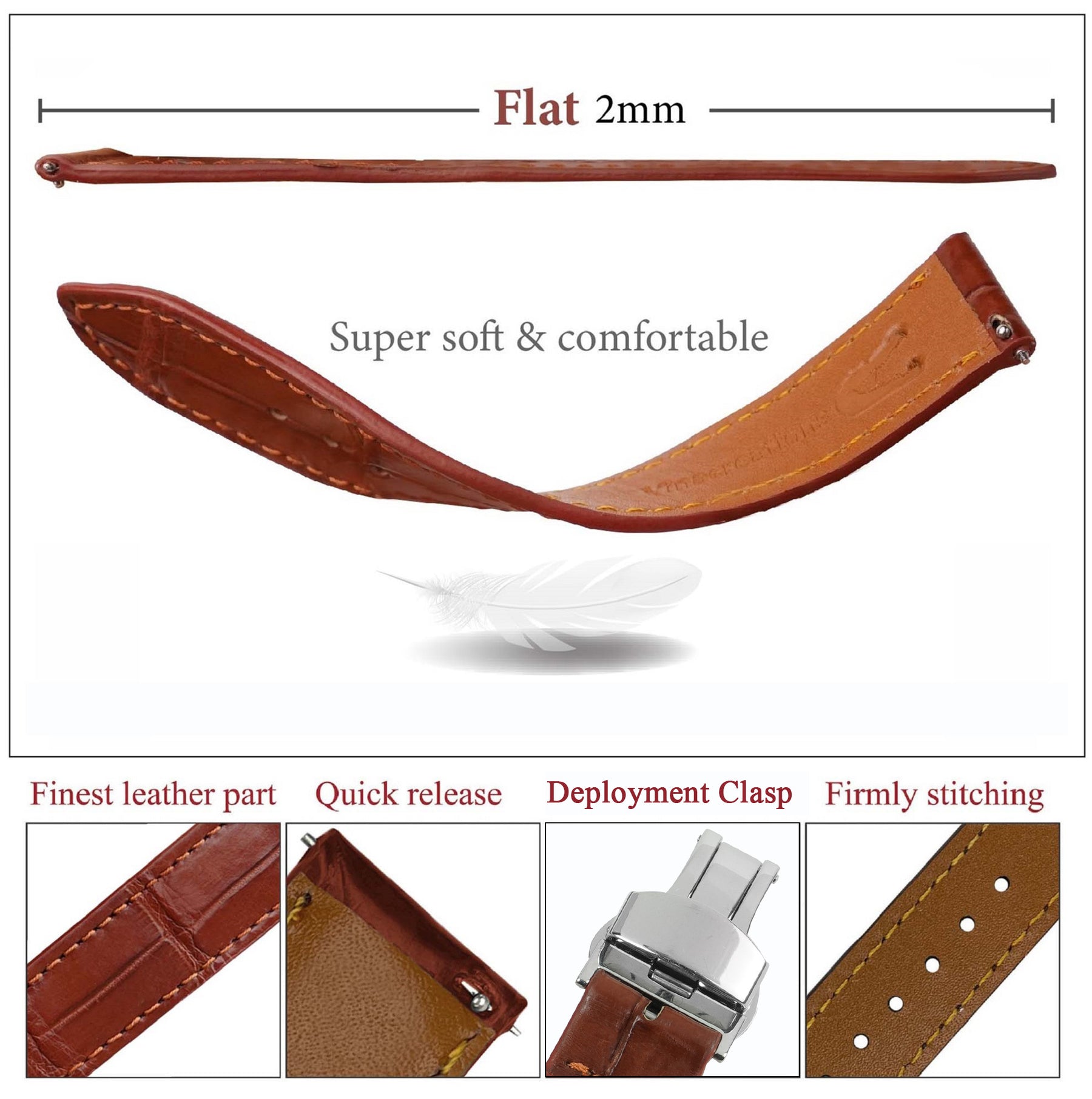 Light Brown Flat Alligator Belly Leather Watch Strap with Deployment Clasp