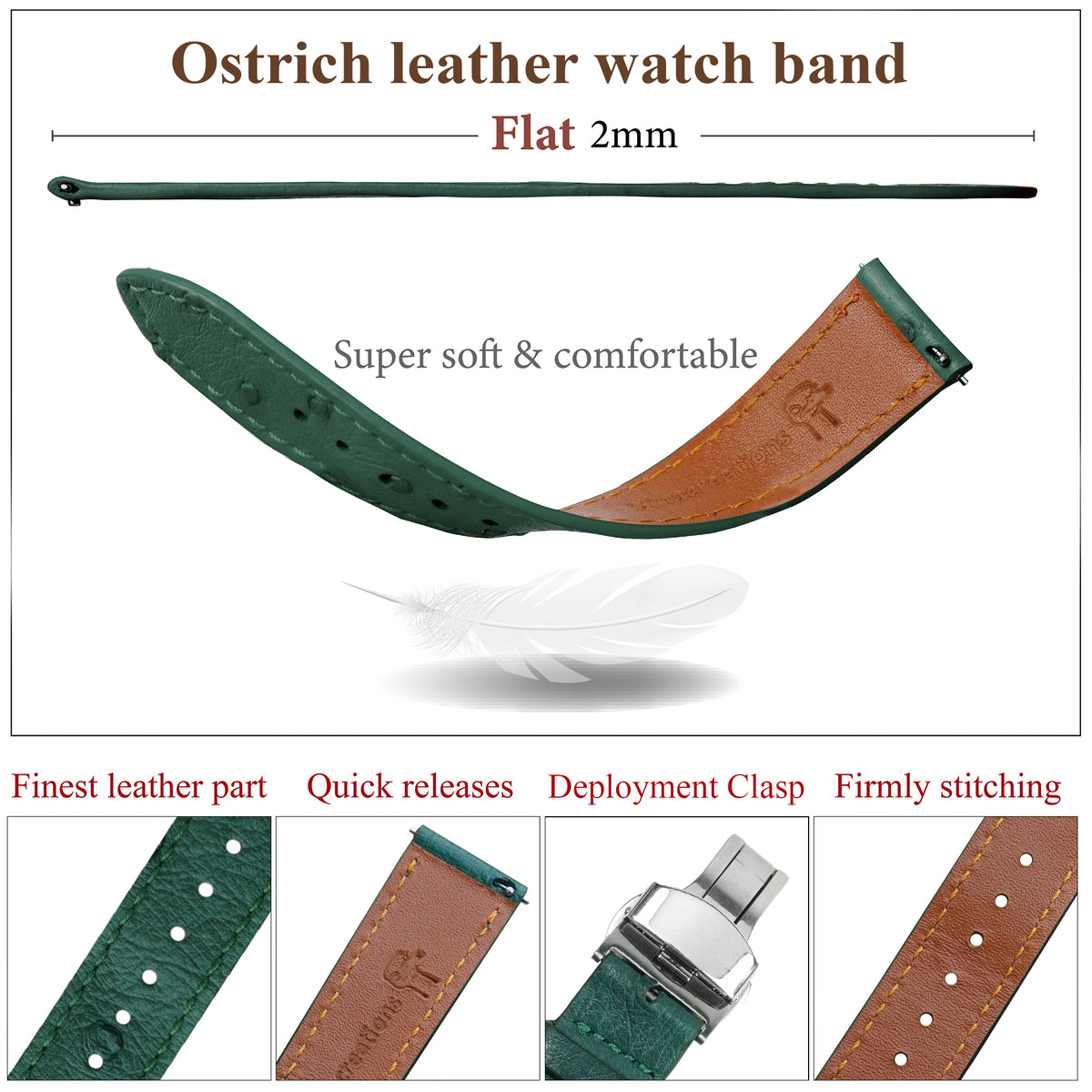 Slim Green FLat Ostrich Leather Watch Band width Deployment Clasp