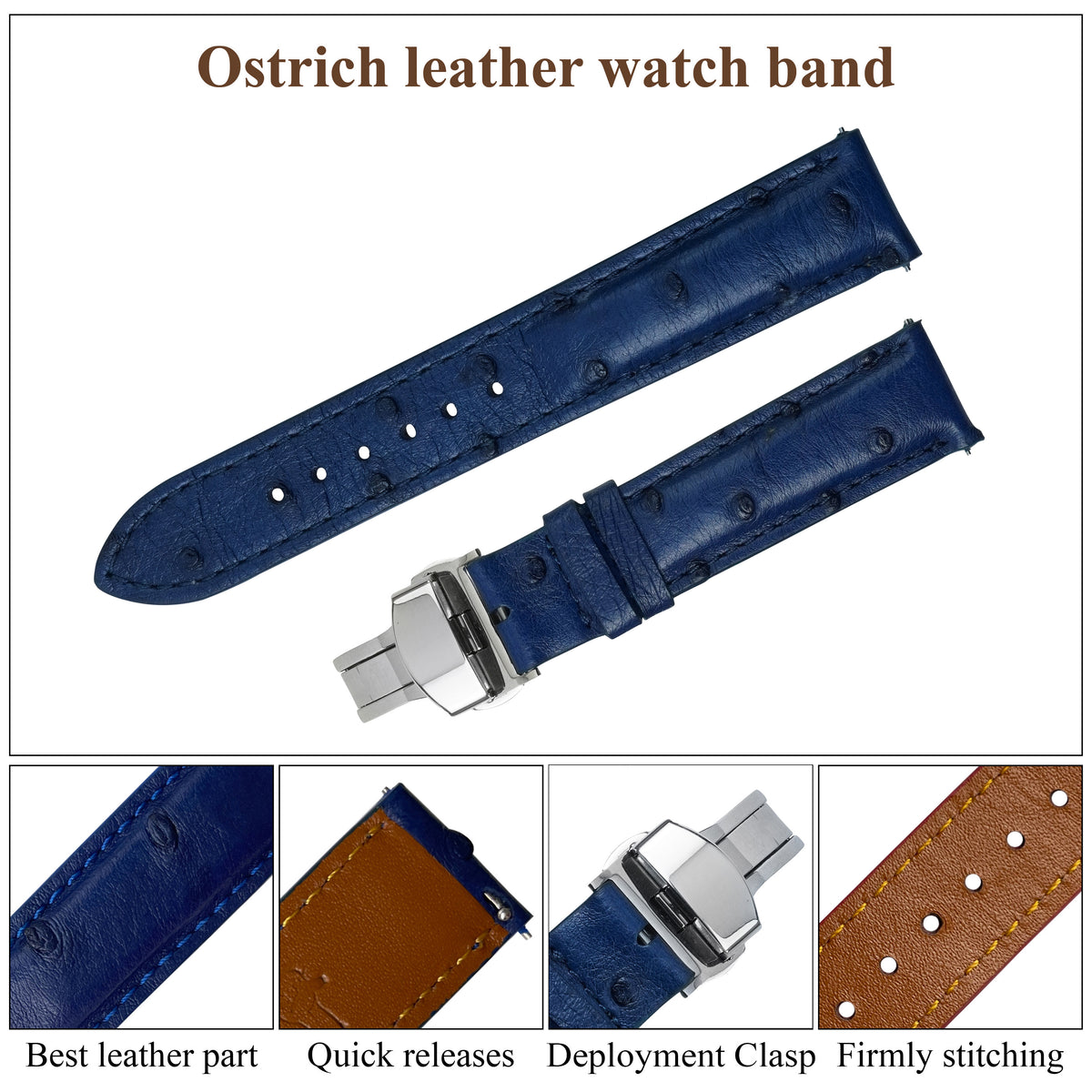 Blue Ostrich Leather Watch Strap with Deployment Clasp
