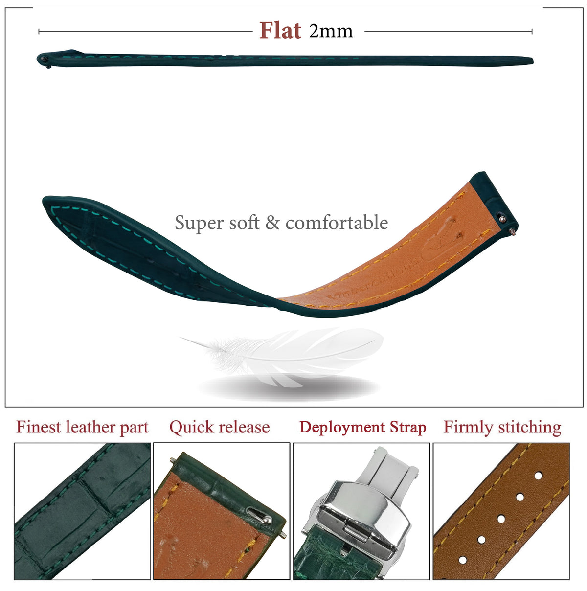 Green Flat Alligator Belly Leather Watch Strap with Deployment Clasp
