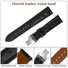 Black Genuine Ostrich Leather Watch Strap with Deployment Clasp