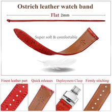 Slim Red FLat Ostrich Leather Watch Band width Deployment Clasp