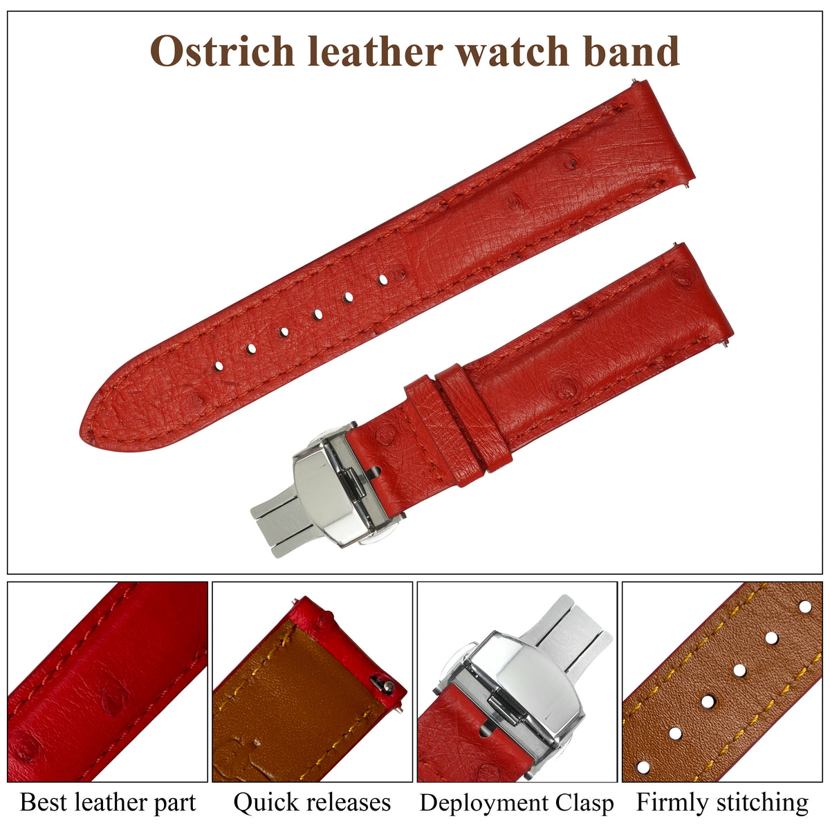 Red Ostrich Leather Watch Strap with Deployment Clasp